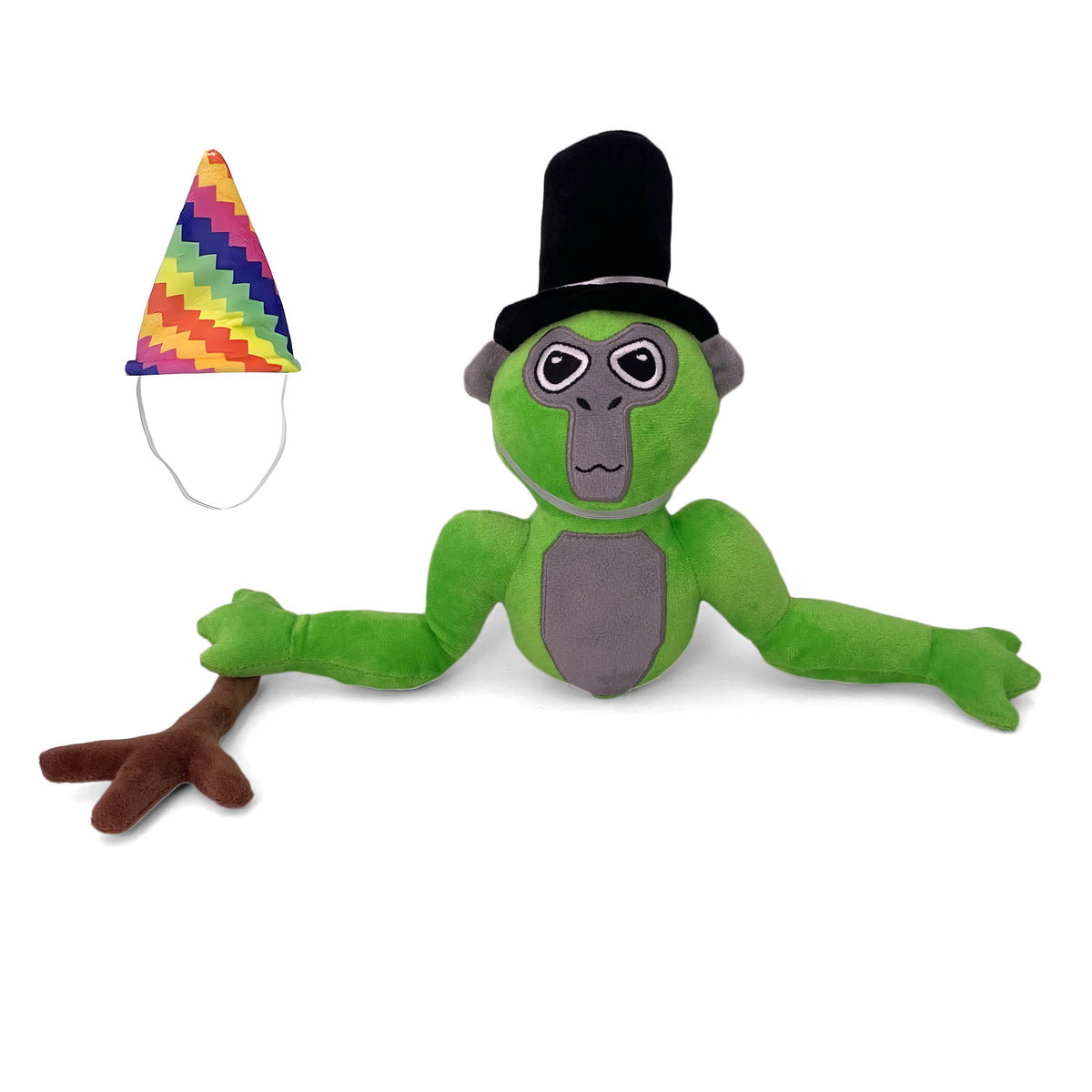 Green Gorilla Tag-inspired long arm monkey plush in a black top hat with a rainbow party hat beside it