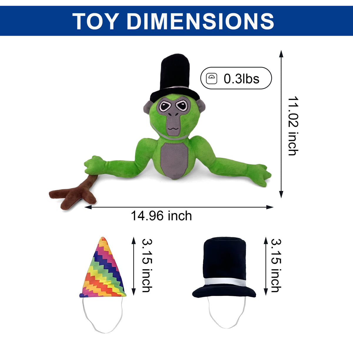 Size chart: green monkey plush 11.02 inches tall with a 14.96 inch arm span, 0.3 lb, plus two 3.15 inch hats