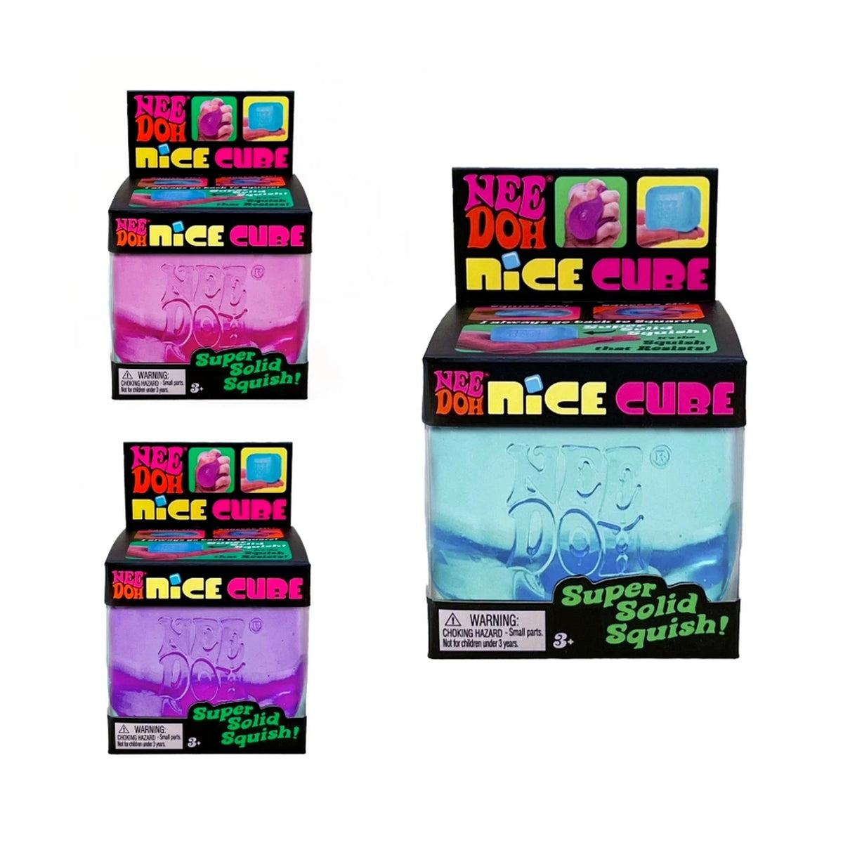 NeeDoh Nice Cube 3-Pack - Blue, Pink & Purple Squishy Sensory Fidget Cubes, Original Size
