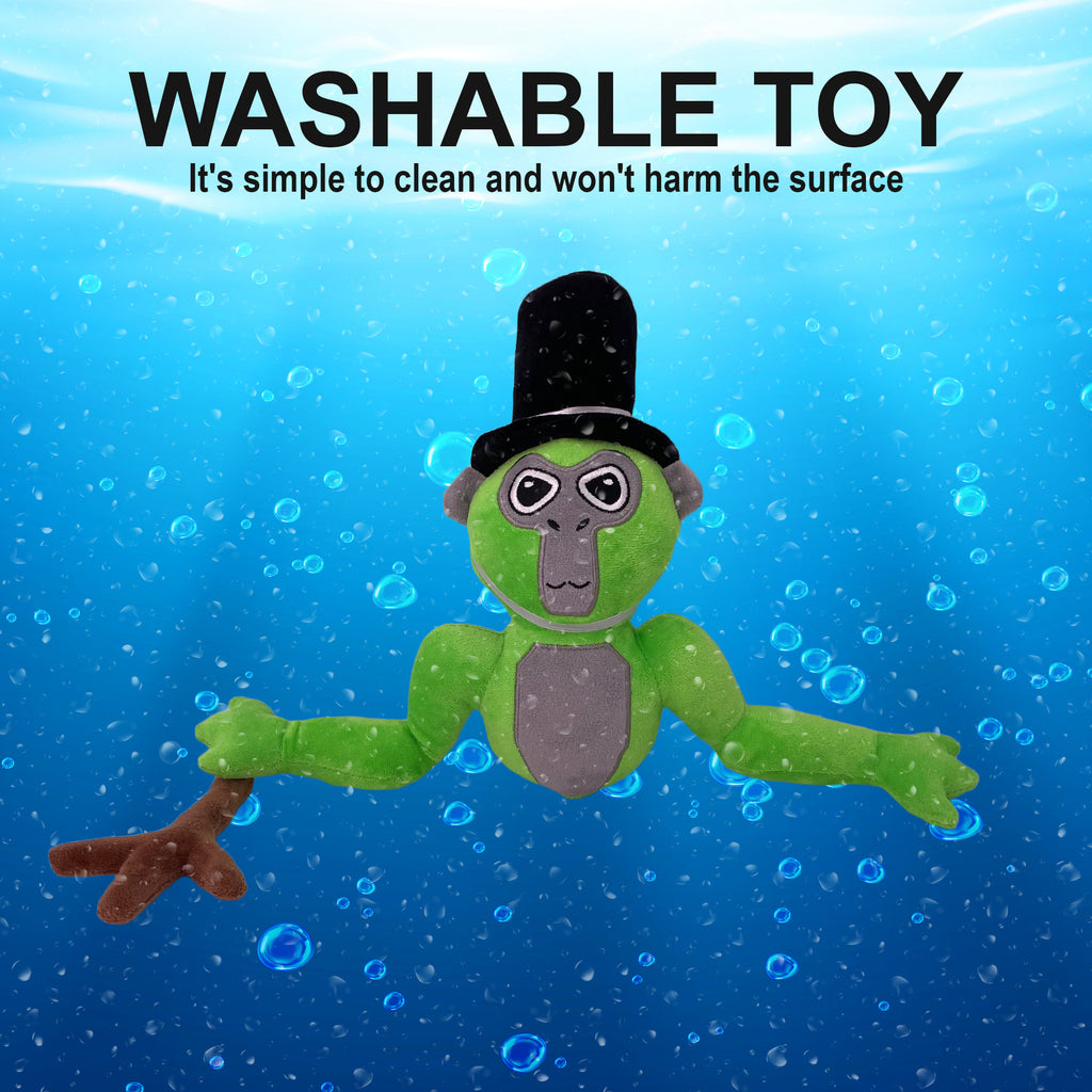 Green long arm monkey plush shown as a washable toy that is easy to spot clean